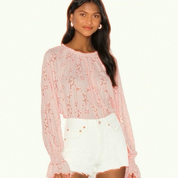 NWT Free People Olivia Lace Top blouse Edwardian sleeves Shirt XS powder pink - Picture 3 of 16
